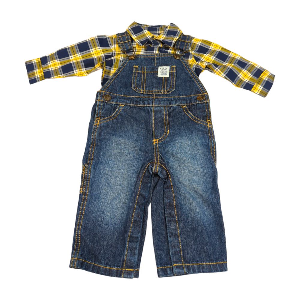CARTER'S Boys 2 Piece Set Overalls and Yellow Blue Plaid Shirt 6 months
